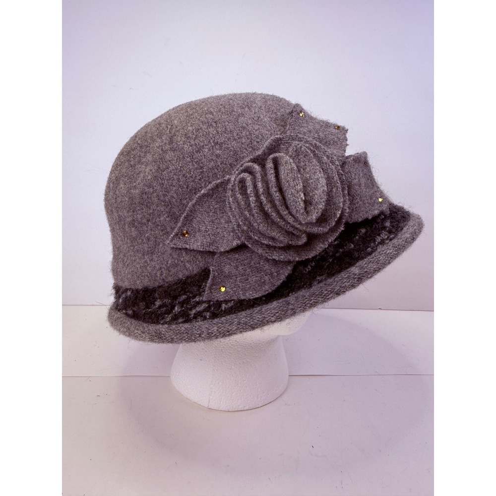 Grey Wool Blend Cloche Hat with Floral Accent and Gold Studs Vintage Style